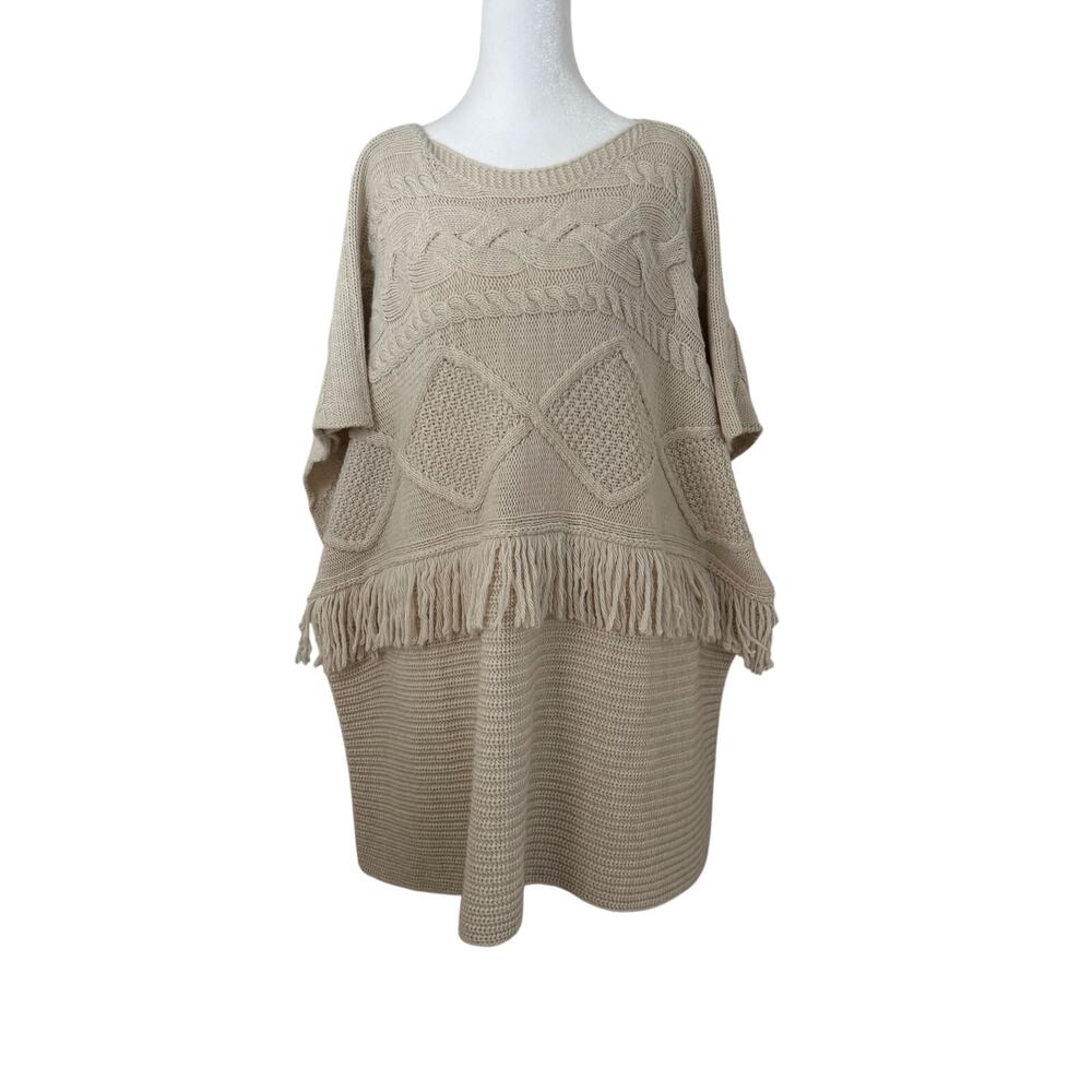 ICONA KAOS Beige Knit Poncho Sweater Fringe Hem Alpaca Wool Blend Made in Italy
